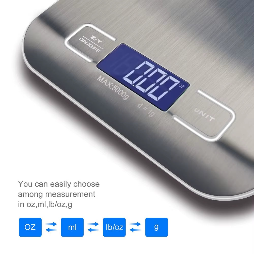5Kg/10Kg 1G Portable Kitchen Scale Coffee Electronic Scale Stainless Steel Surface LCD Backlit Kitchen Food Scales Weighing Tool